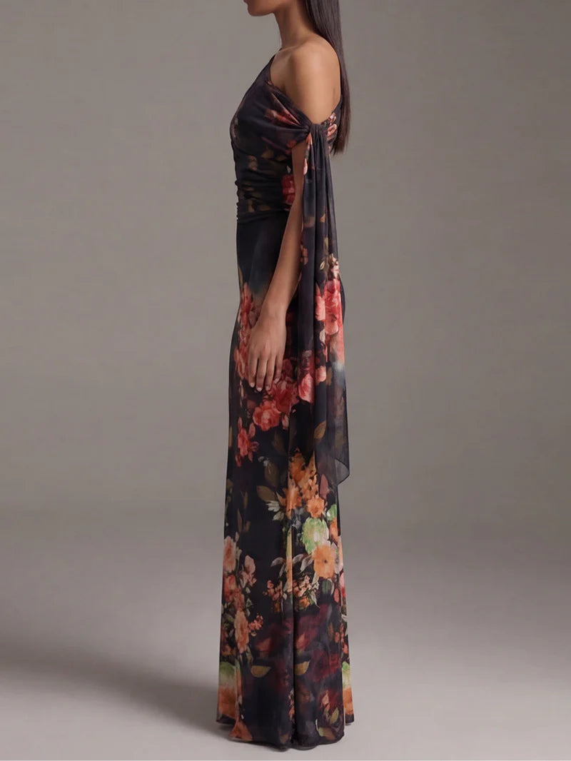 RUBELITA™ | Vestido Largo Estampado Floral con Hombro Asimétrico