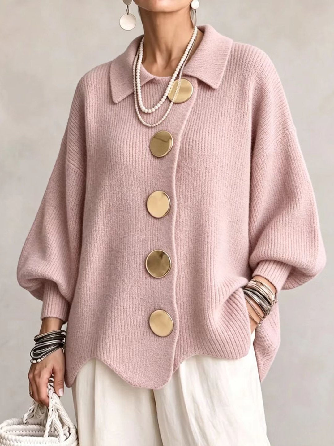Stefanie | Cardigan oversize à col avec gros boutons métalliques