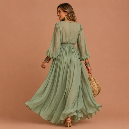 SALVIA™ | Vestido Bohemio de Manga Globo con Bordado Floral