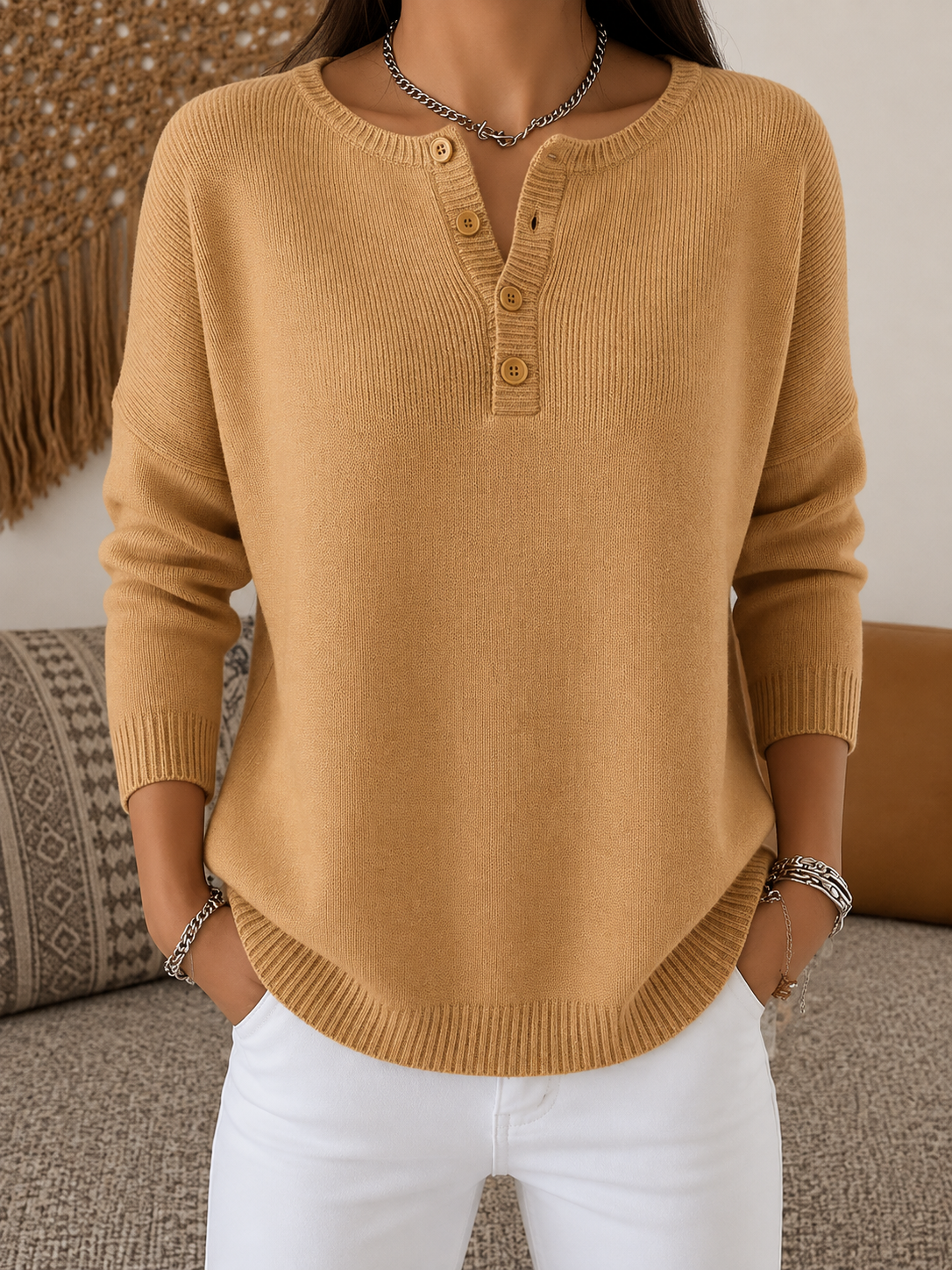 Helena™ | Pull en tricot à boutons style Henley