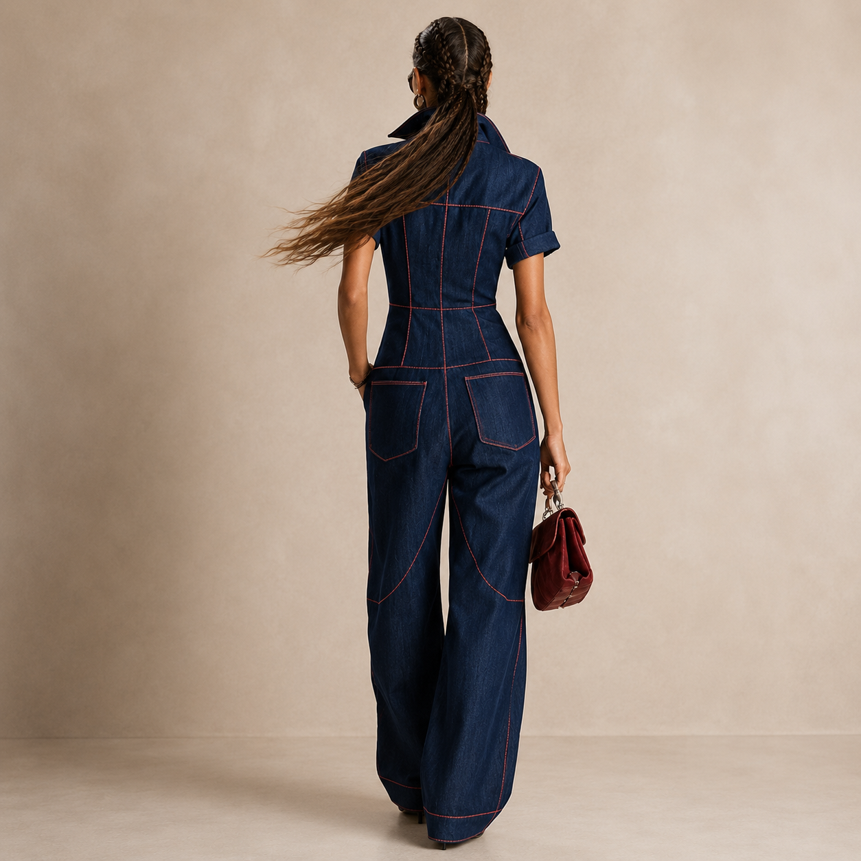 Coralie | Combinaison décontractée de style rétro, ample, en denim rouge avec des surpiqûres, à manches longues et jambes larges