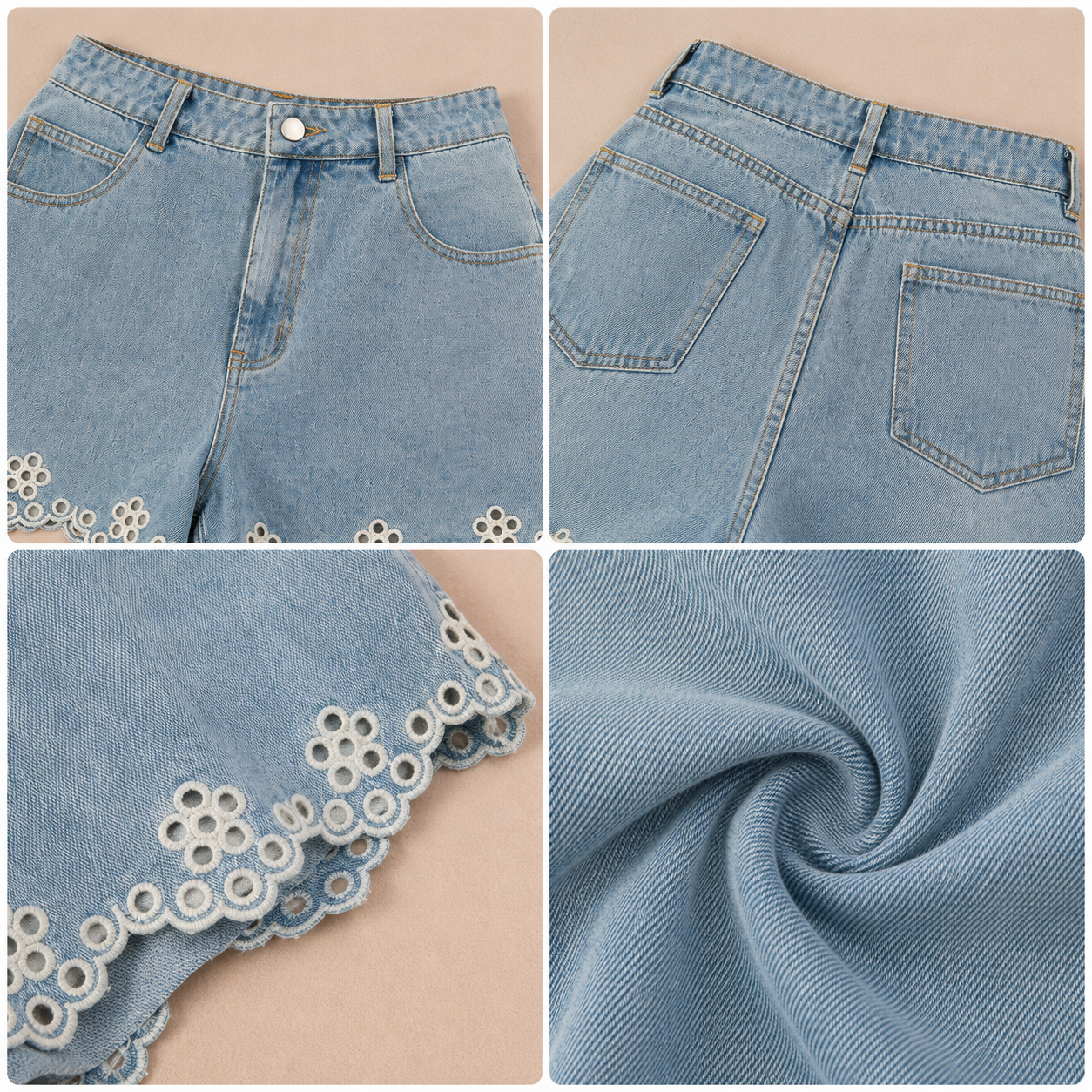 DENYA™ | Shorts vaqueros con bordado de ojales