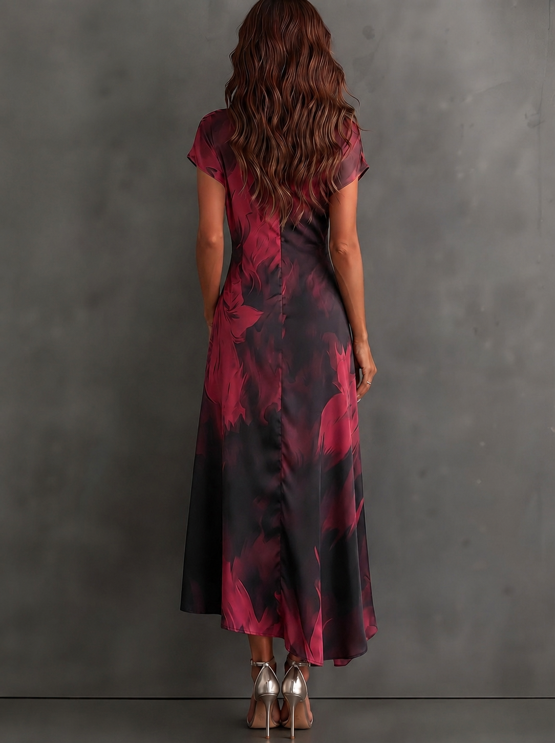 Beatrice | Robe portefeuille midi à imprimé abstrait, bordeaux