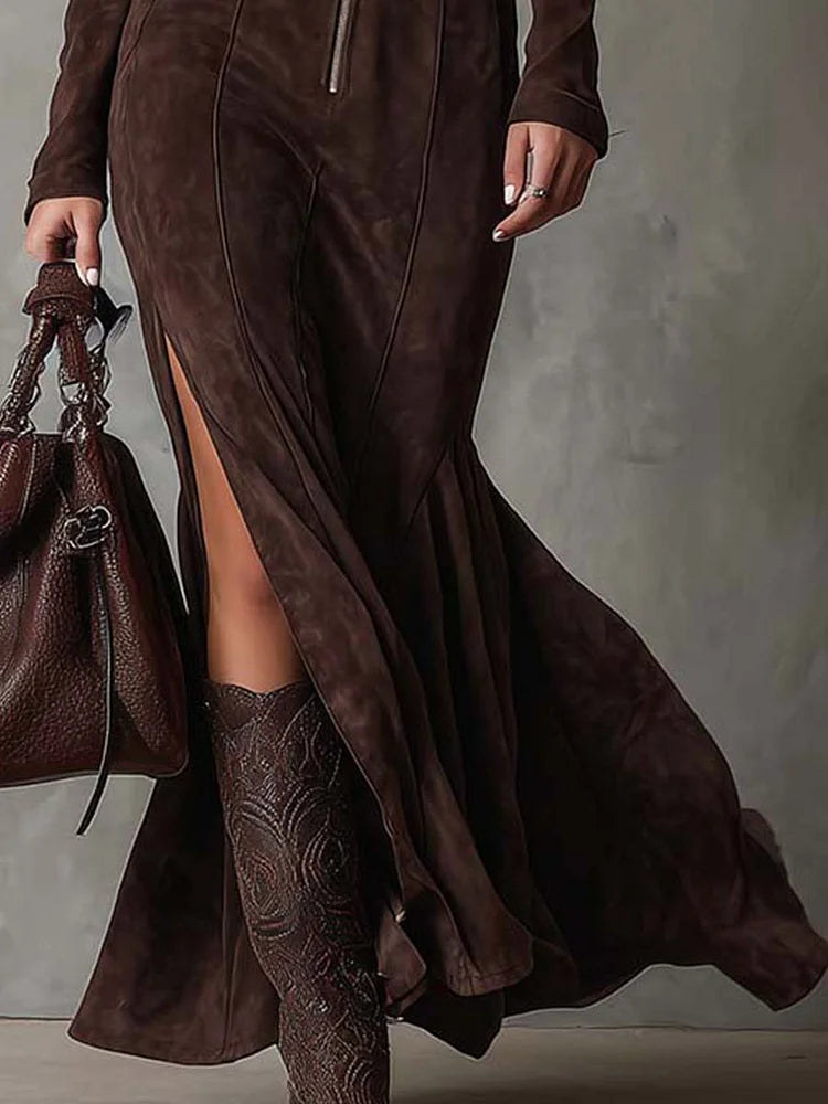Marceline | Longue robe marron avec ceinture