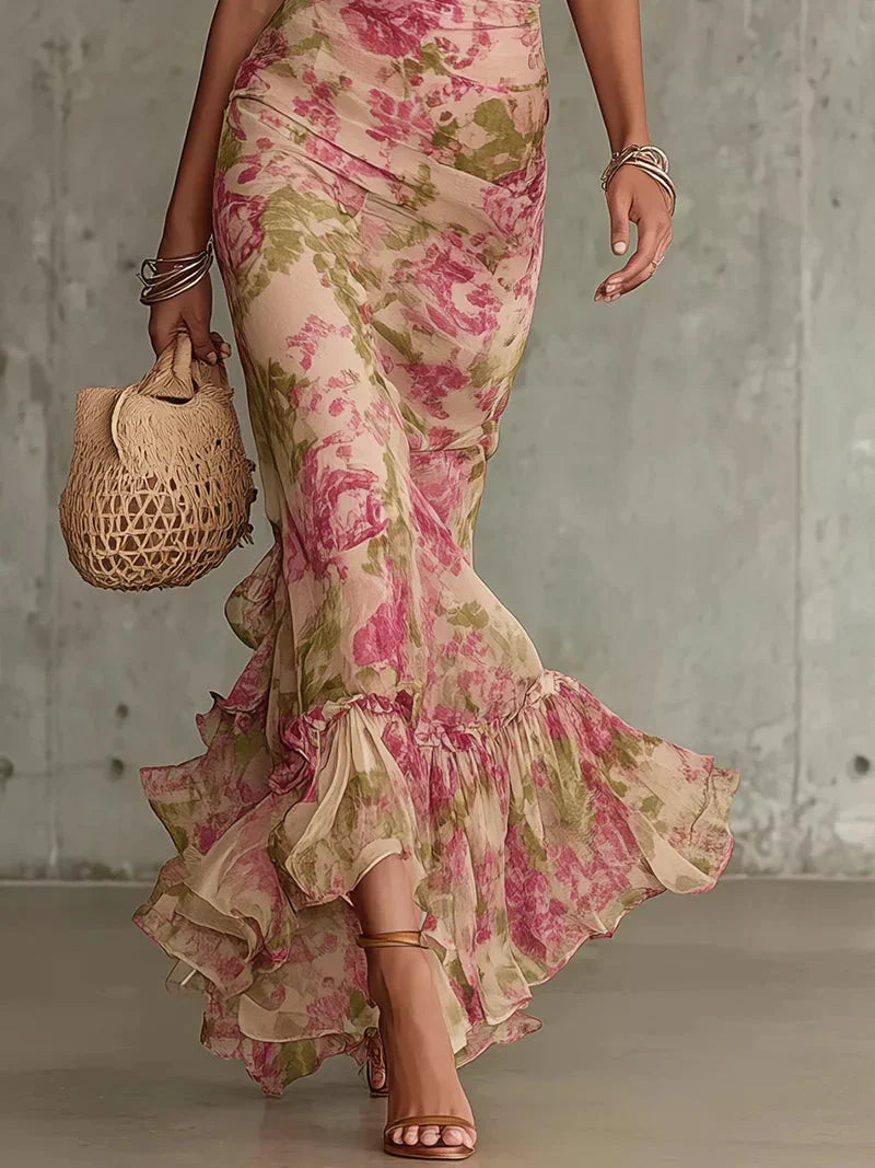 Robe longue Eugenia rose à imprimé floral vintage avec manches bouffantes (accessoires non inclus)