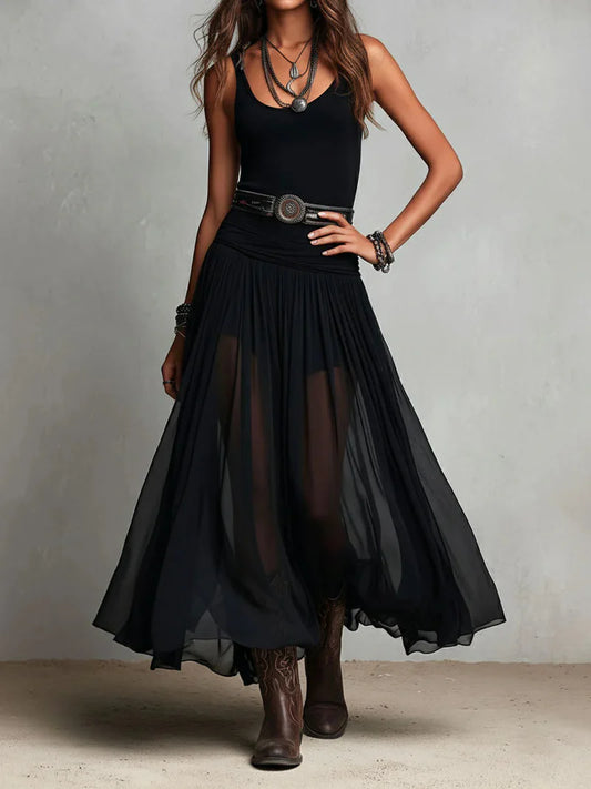 OBSIDIANA™ | Conjunto Top Sin Mangas y Falda Larga Vaporosa
