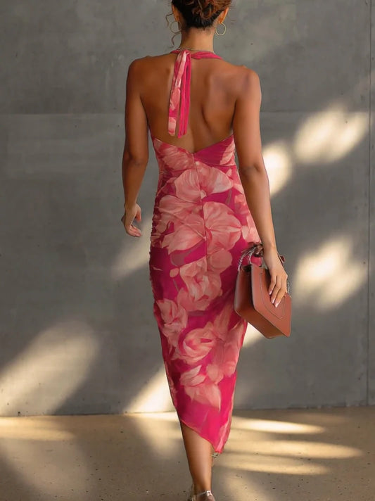 CORAL™ | Vestido Drapeado de Espalda Descubierta con Estampado Floral