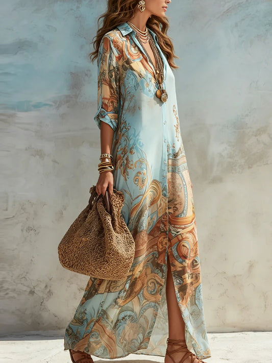 TURQUESA™ | Vestido Camisero Largo Estampado con Cuello Solapa
