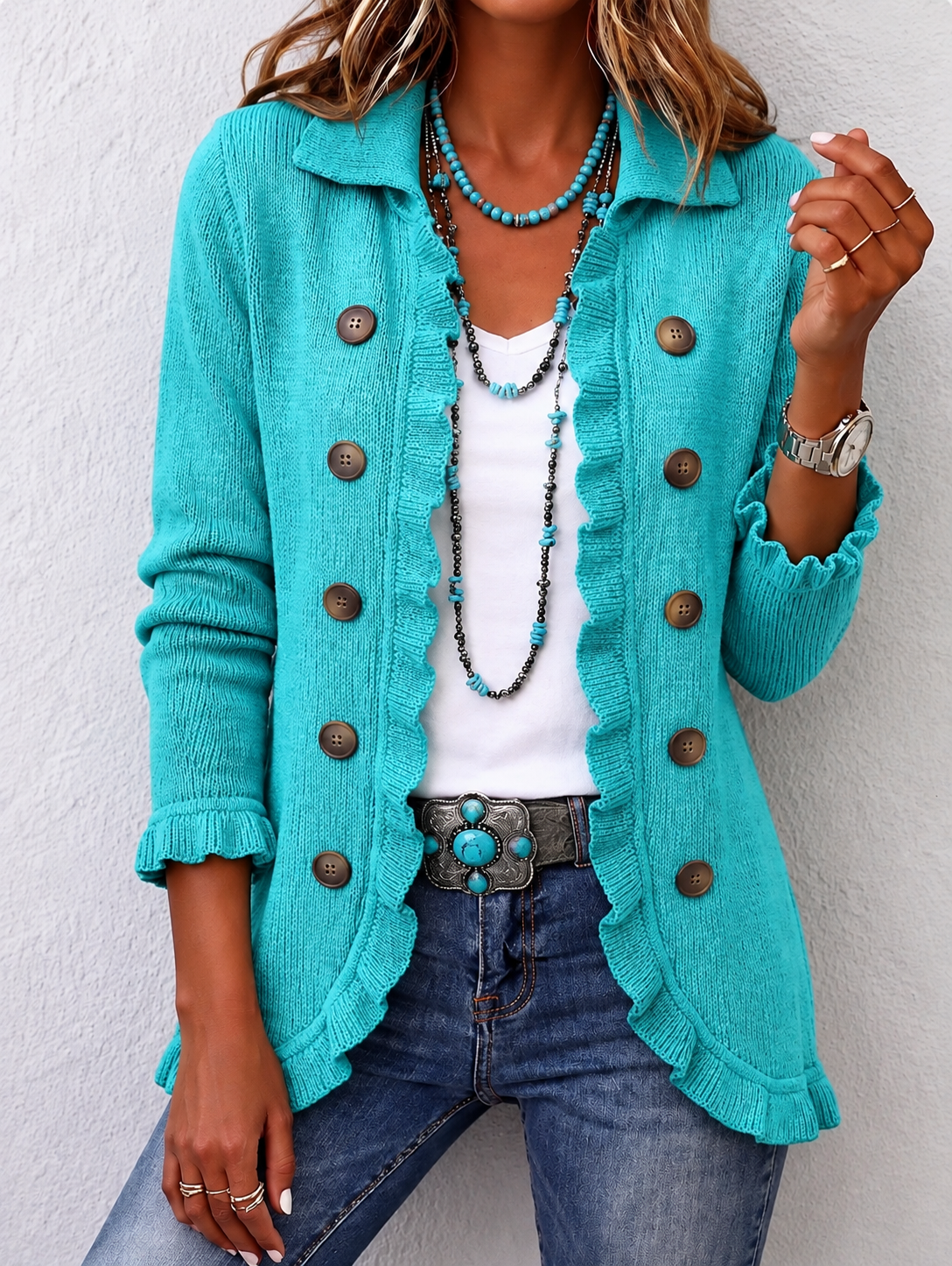 Rosalia | Veste en maille turquoise avec volant