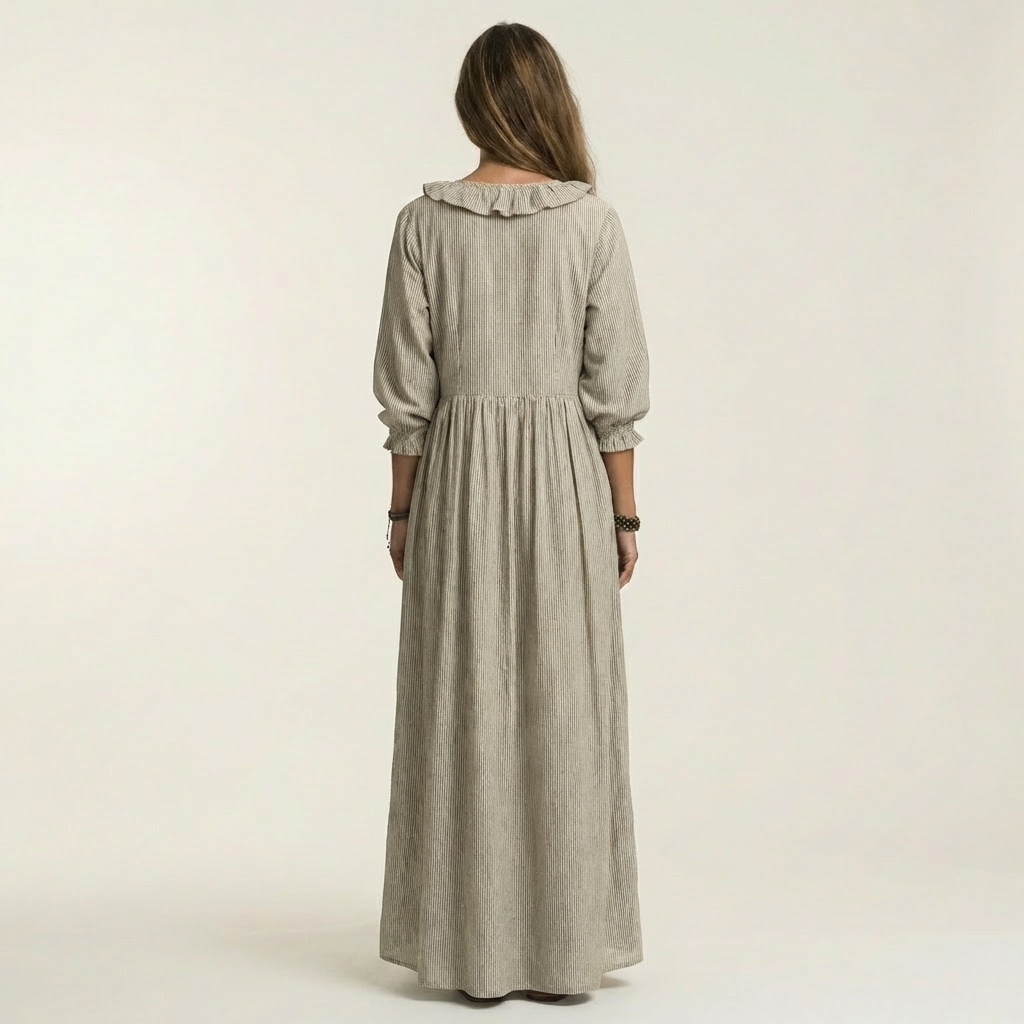 Yosetta | Vestido maxi a rayas con escote en V y manga farol con volante