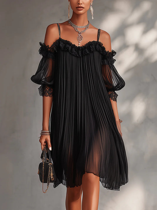 MARIA™ | Minivestido Negro de Muselina con Hombros al Aire y Ribete de Encaje