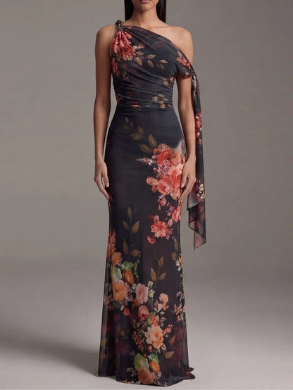 RUBELITA™ | Vestido Largo Estampado Floral con Hombro Asimétrico