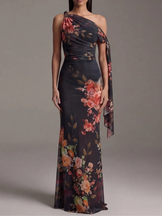 RUBELITA™ | Vestido Largo Estampado Floral con Hombro Asimétrico