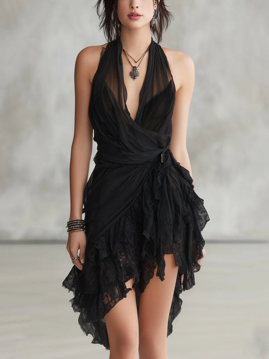 TECTITA™ | Vestido Mini Halter con Volante Asimétrico de Encaje