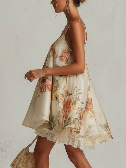 LILIANA™ | Vestido corto de corte en A de organza beige con estampado floral y ribete de encaje
