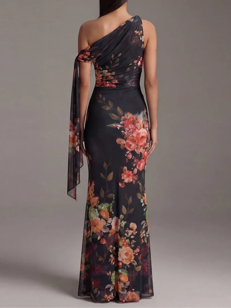 RUBELITA™ | Vestido Largo Estampado Floral con Hombro Asimétrico