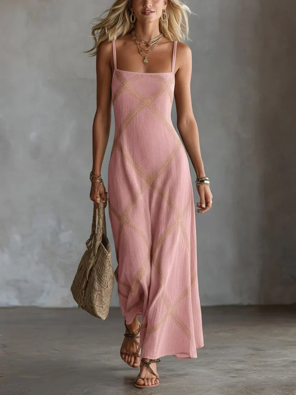 Robe longue géométrique Melisa à encolure carrée