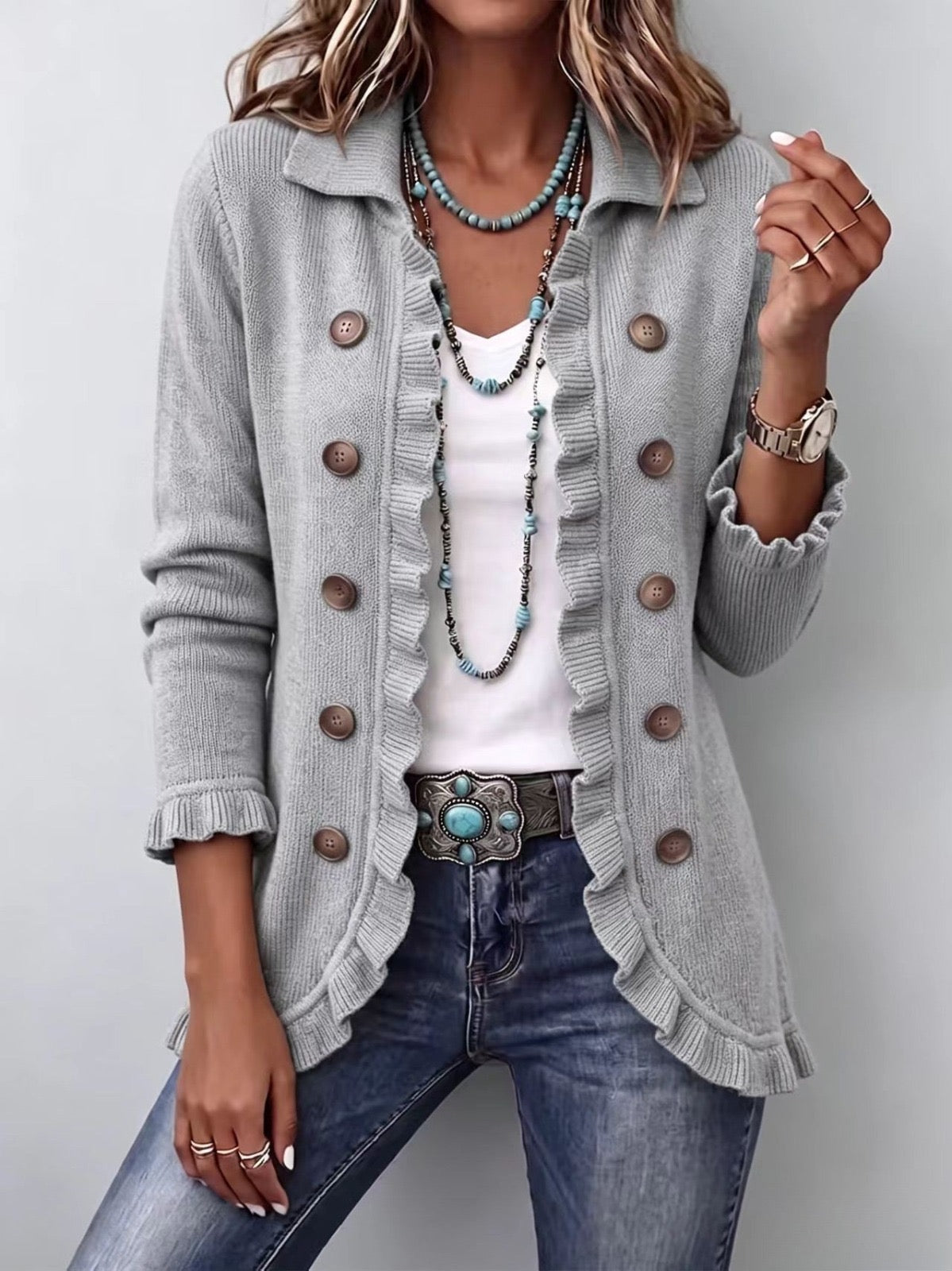 Angelina | Cardigan en maille gris chiné avec volants