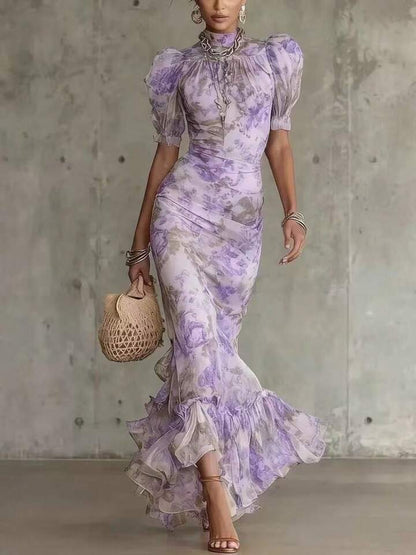 Robe longue Eugenia rose à imprimé floral vintage avec manches bouffantes (accessoires non inclus)