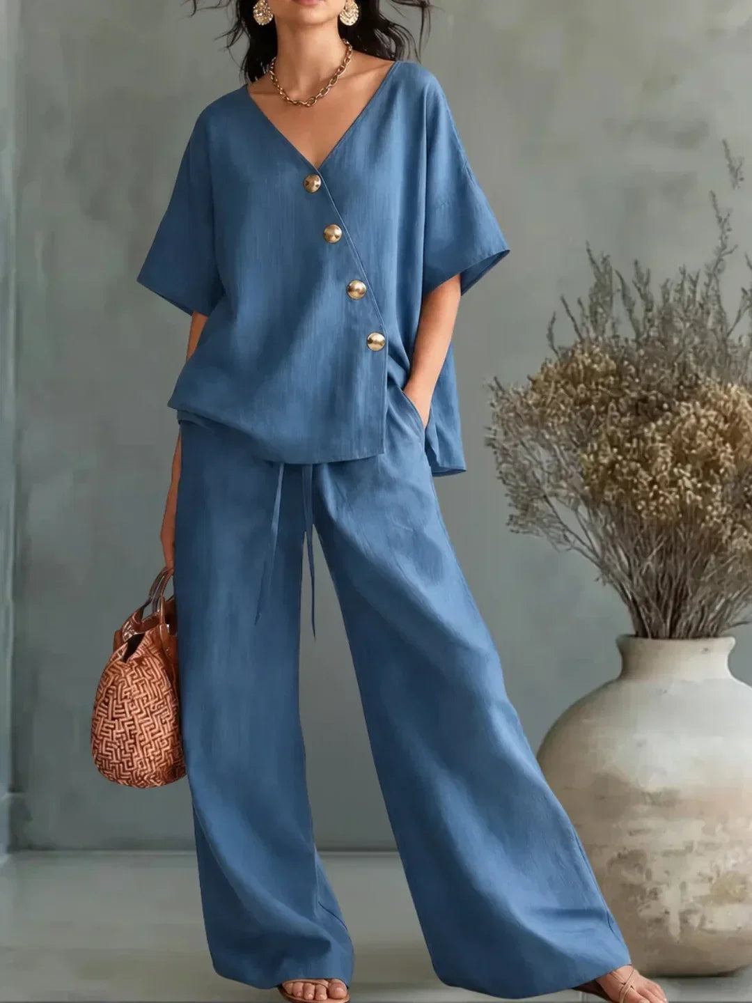 Ensemble Celia avec col en V et boutons