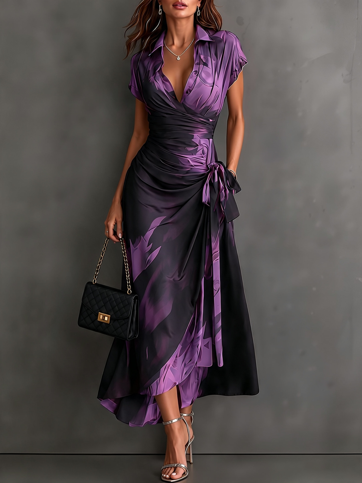 Elisa | Robe midi portefeuille à imprimé abstrait, violet