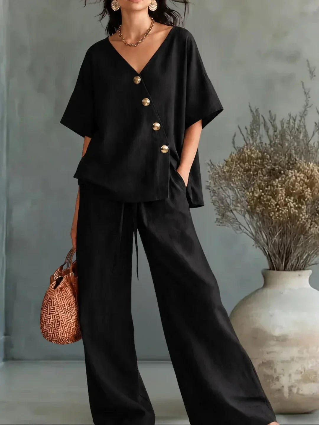 Ensemble Celia avec col en V et boutons