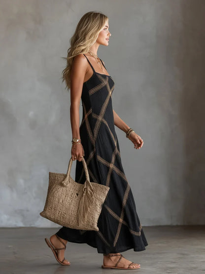 Robe longue géométrique Melisa à encolure carrée