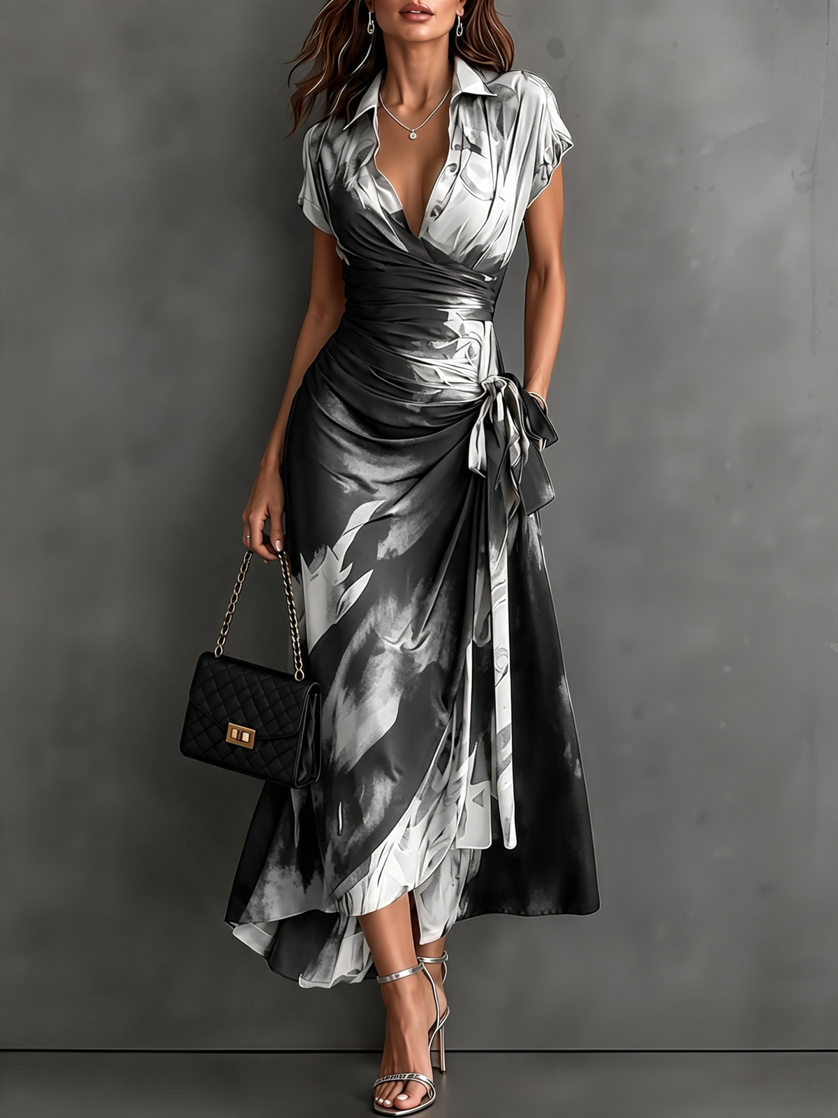 Carlotta | Robe portefeuille midi à imprimé abstrait, noir et blanc