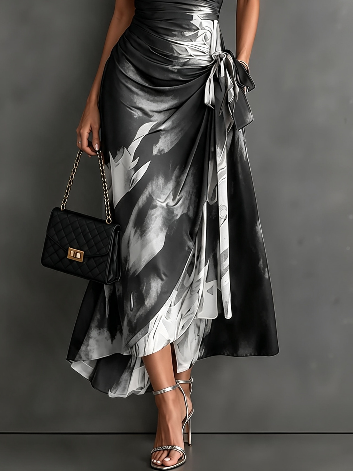 Carlotta | Robe portefeuille midi à imprimé abstrait, noir et blanc