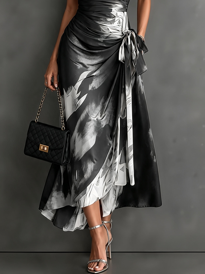 Carlotta | Robe portefeuille midi à imprimé abstrait, noir et blanc