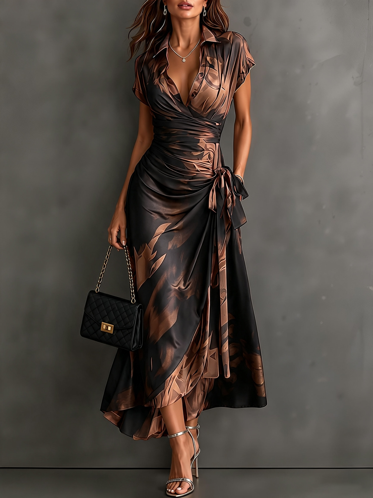 Francesca | Robe midi portefeuille à imprimé abstrait marron