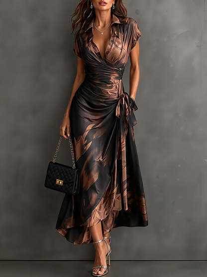 Francesca | Robe midi portefeuille à imprimé abstrait marron