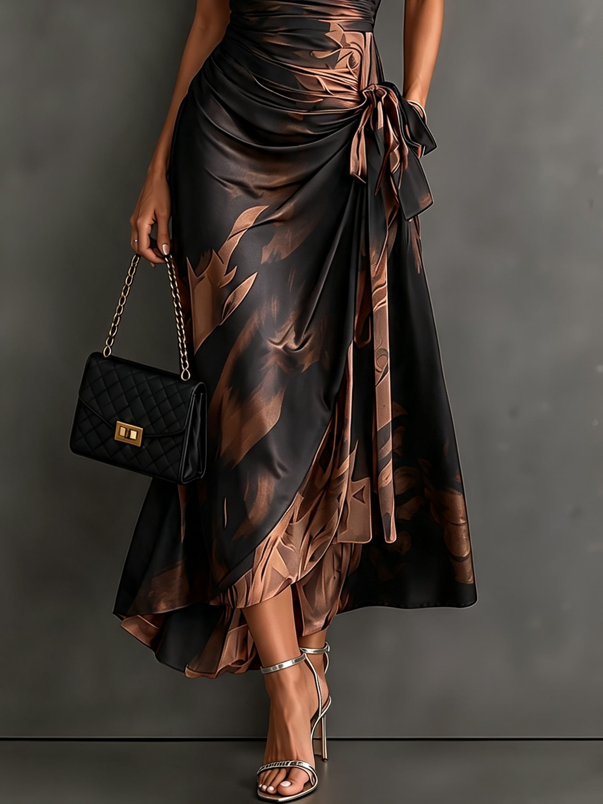 Francesca | Robe midi portefeuille à imprimé abstrait marron