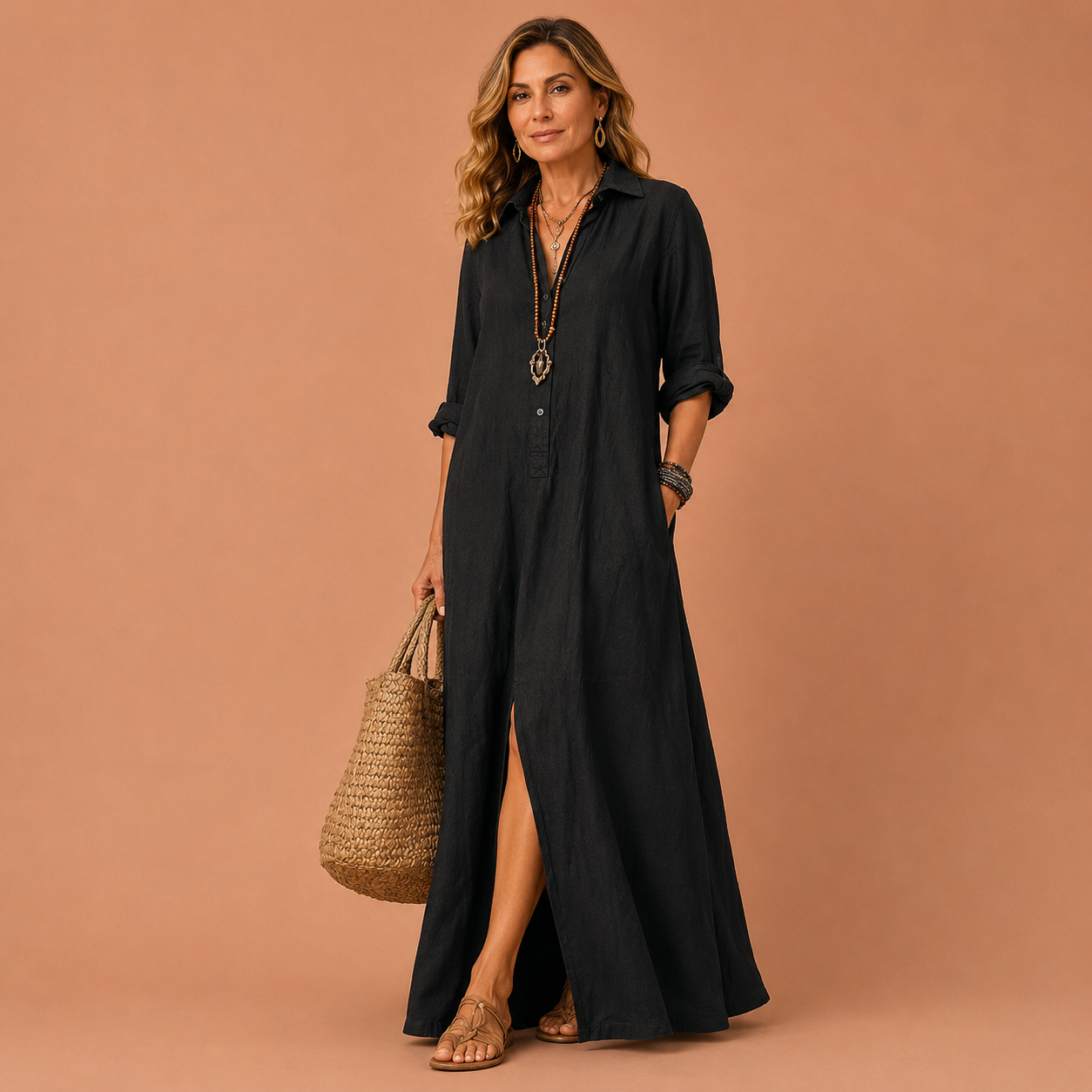 MYKONOS™ | Vestido Camisero Maxi de Lino con Botones