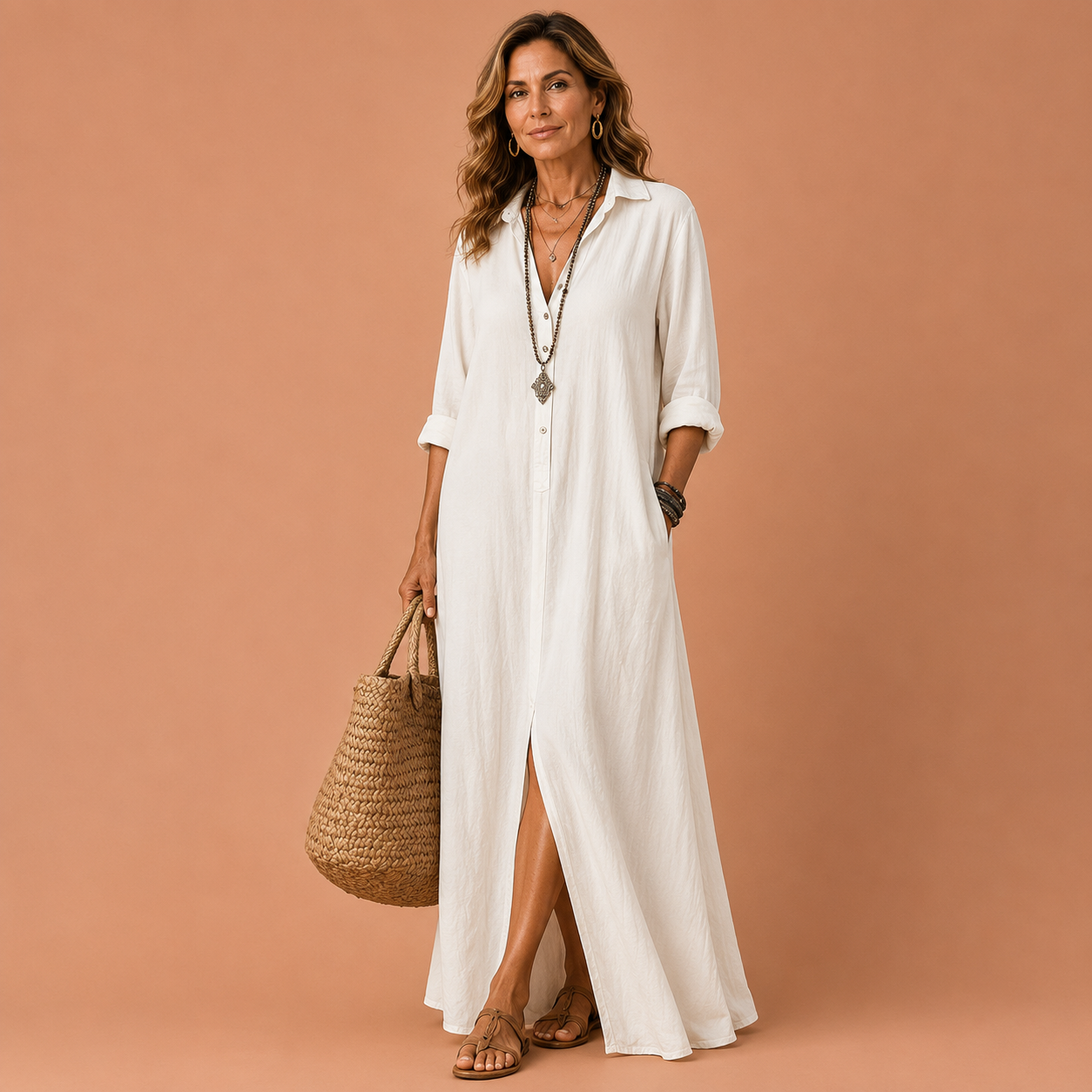 MYKONOS™ | Vestido Camisero Maxi de Lino con Botones