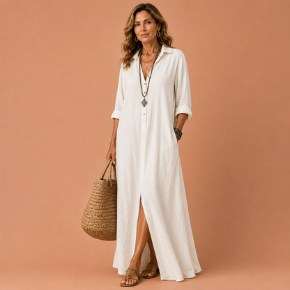 MYKONOS™ | Vestido Camisero Maxi de Lino con Botones