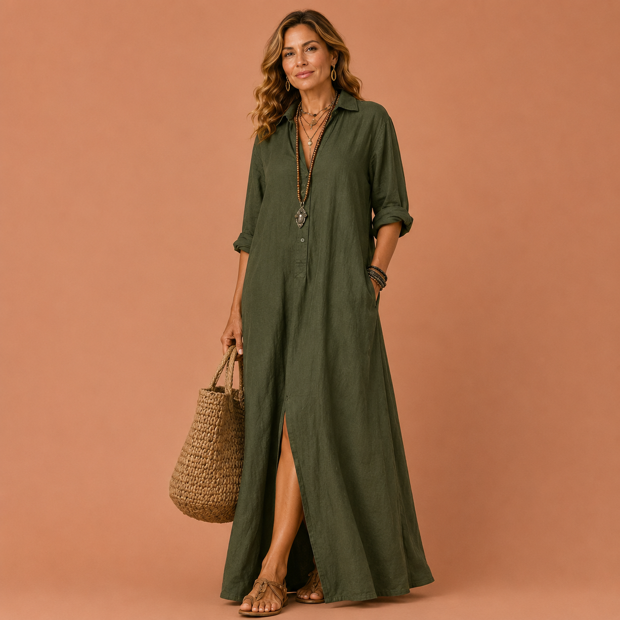 MYKONOS™ | Vestido Camisero Maxi de Lino con Botones