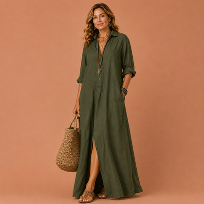 MYKONOS™ | Vestido Camisero Maxi de Lino con Botones