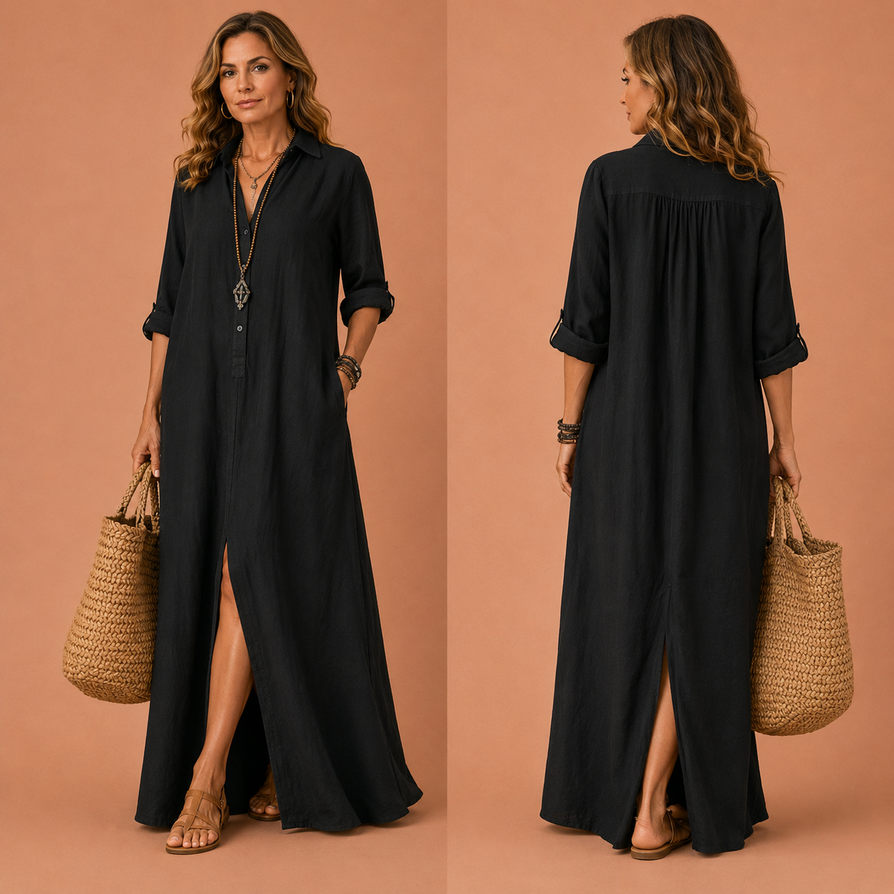 MYKONOS™ | Vestido Camisero Maxi de Lino con Botones