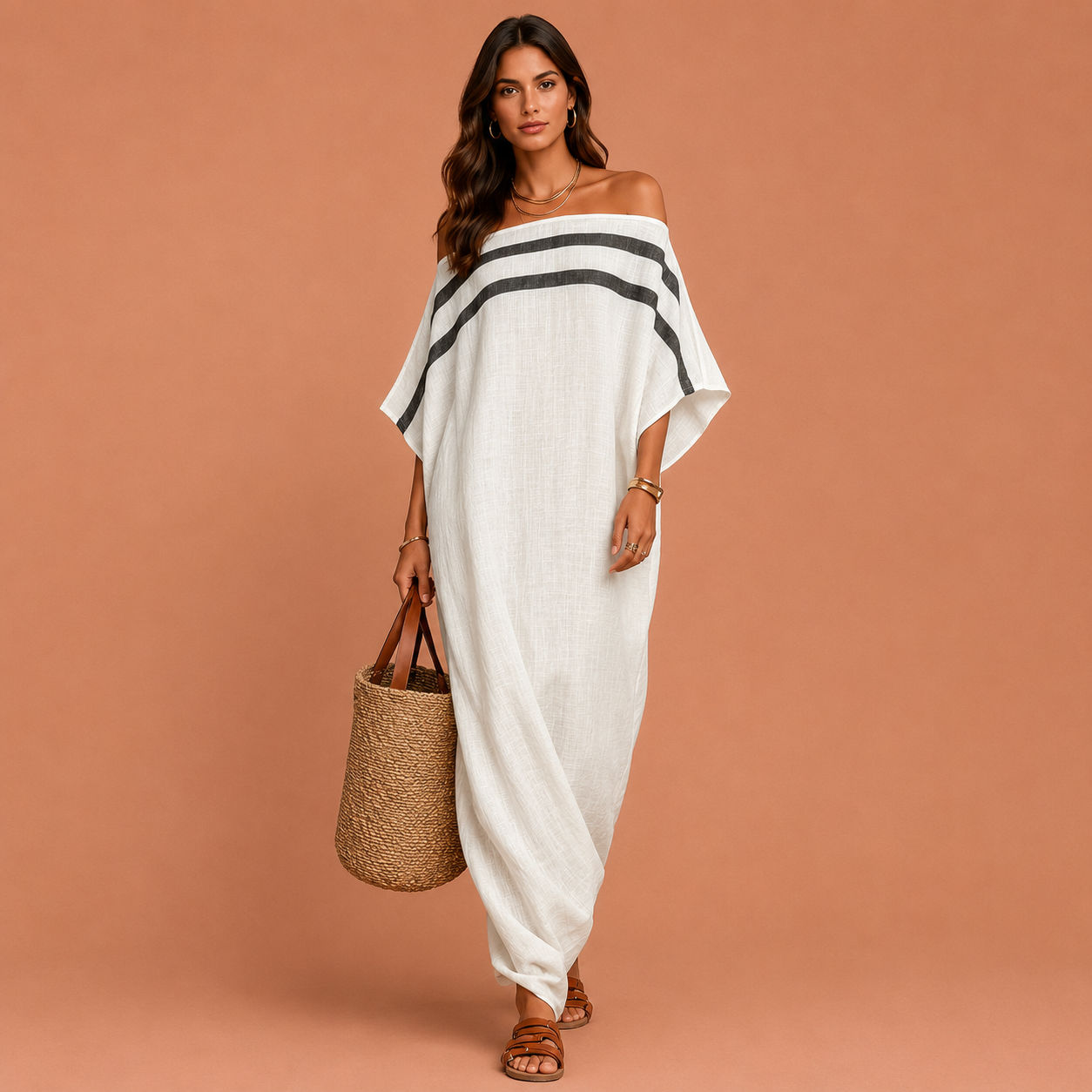 FORMENTERA™ | Vestido Kaftán de Hombros Descubiertos y Manga Murciélago
