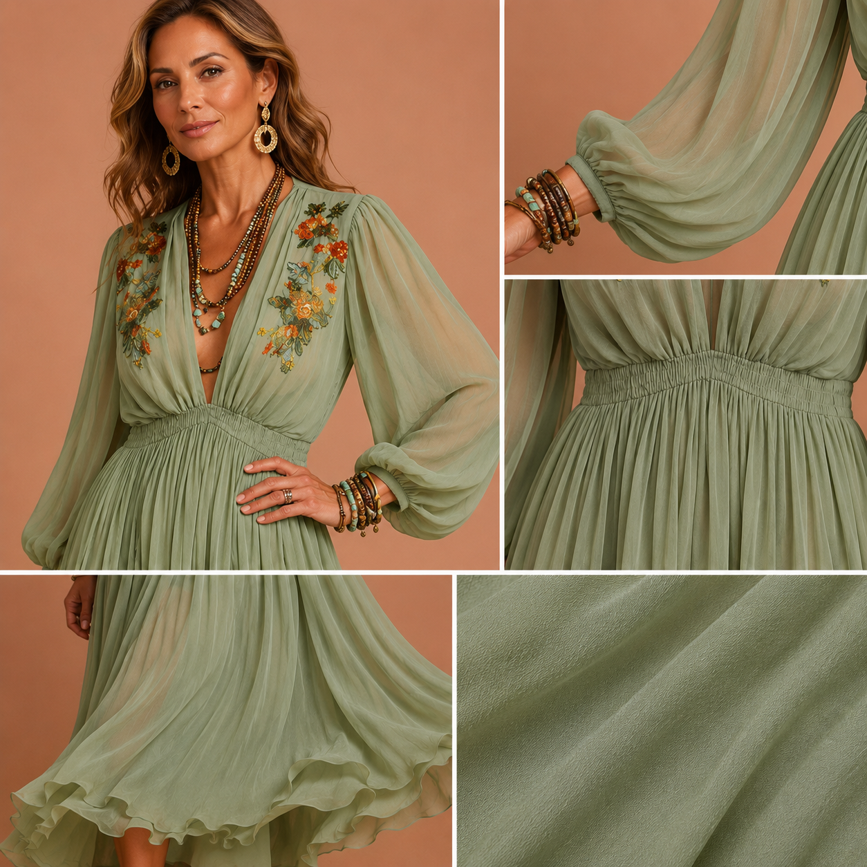 SALVIA™ | Vestido Bohemio de Manga Globo con Bordado Floral