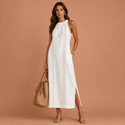 NAXOS™ | Vestido Maxi de Lino con Cuello Mao y Paneles de Crochet