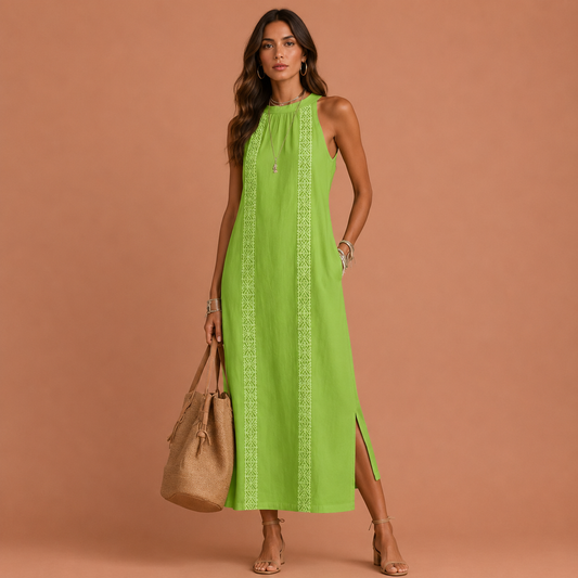 NAXOS™ | Vestido Maxi de Lino con Cuello Mao y Paneles de Crochet