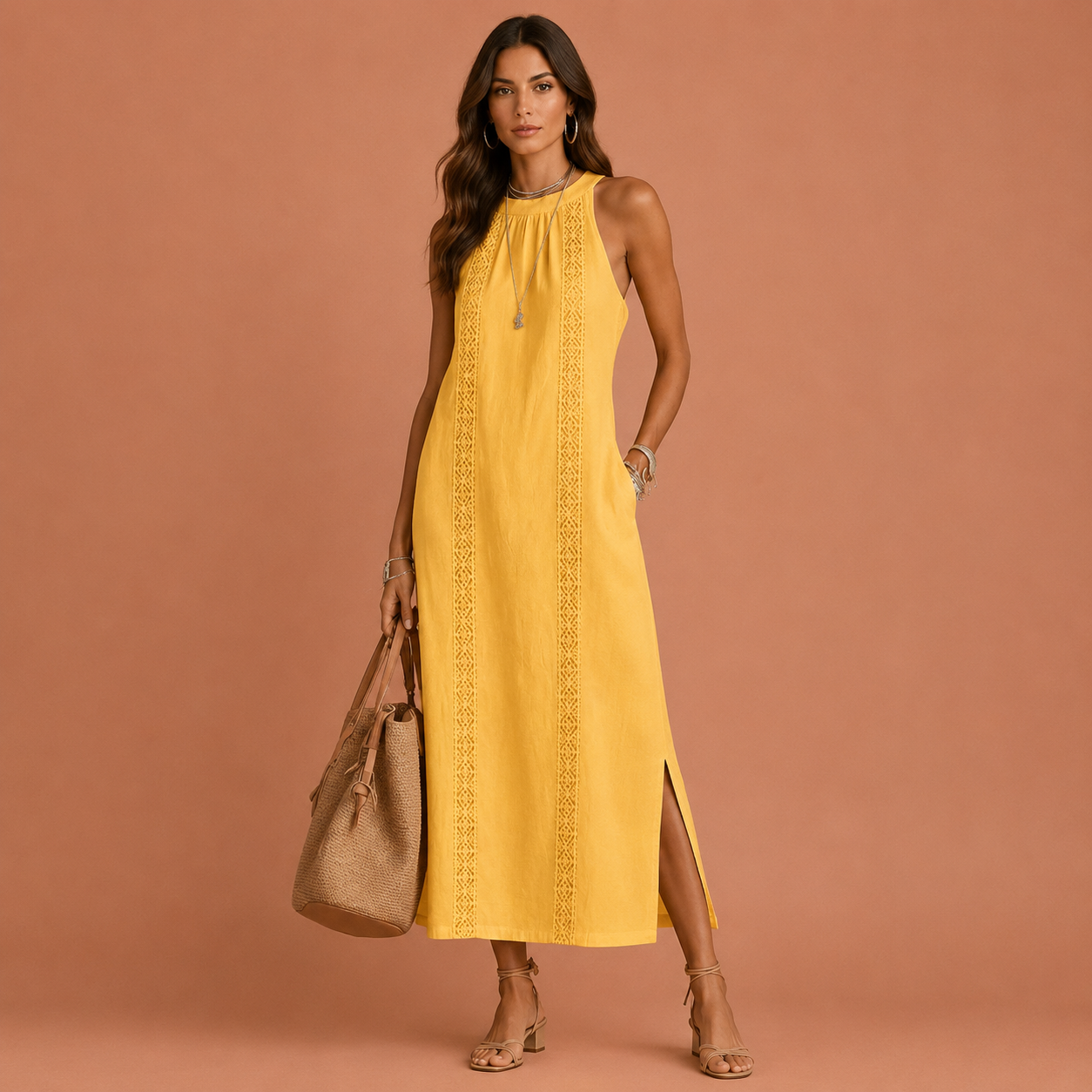 NAXOS™ | Vestido Maxi de Lino con Cuello Mao y Paneles de Crochet