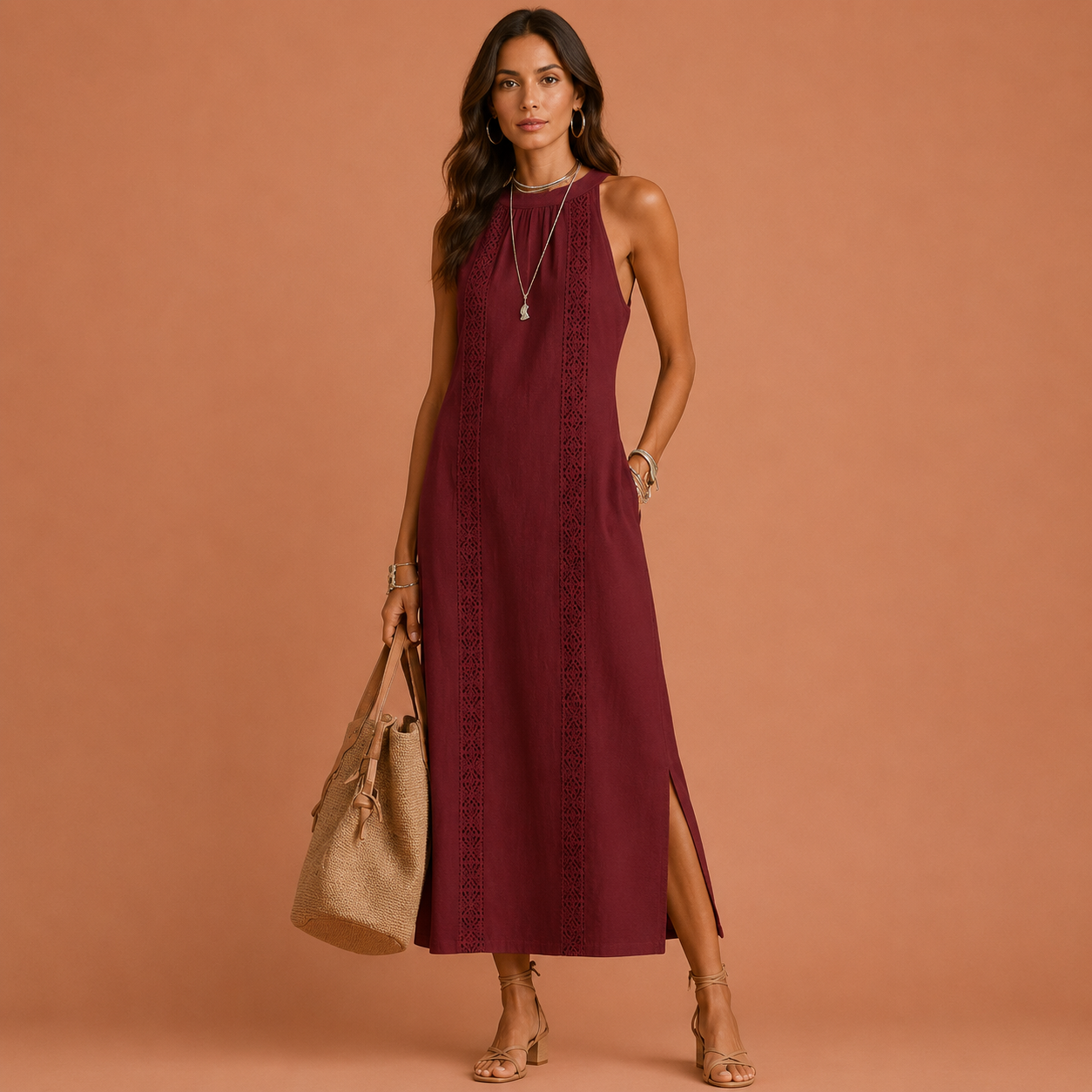 NAXOS™ | Vestido Maxi de Lino con Cuello Mao y Paneles de Crochet