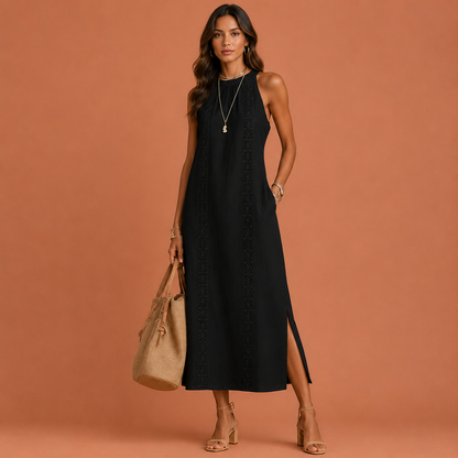 NAXOS™ | Vestido Maxi de Lino con Cuello Mao y Paneles de Crochet