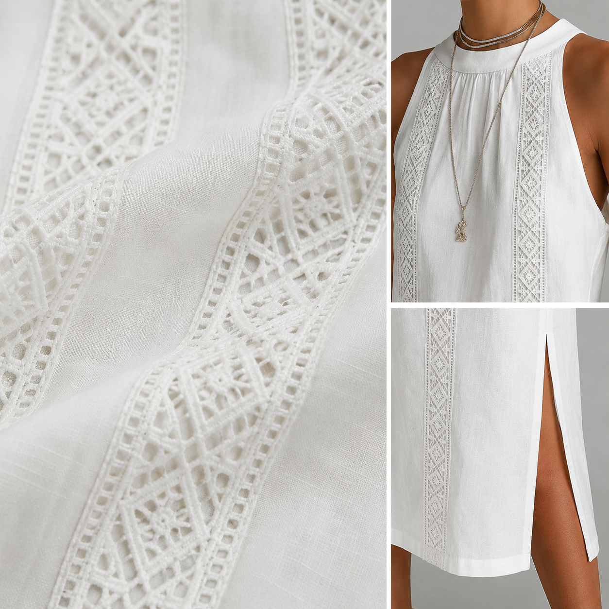 NAXOS™ | Vestido Maxi de Lino con Cuello Mao y Paneles de Crochet