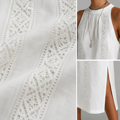 NAXOS™ | Vestido Maxi de Lino con Cuello Mao y Paneles de Crochet