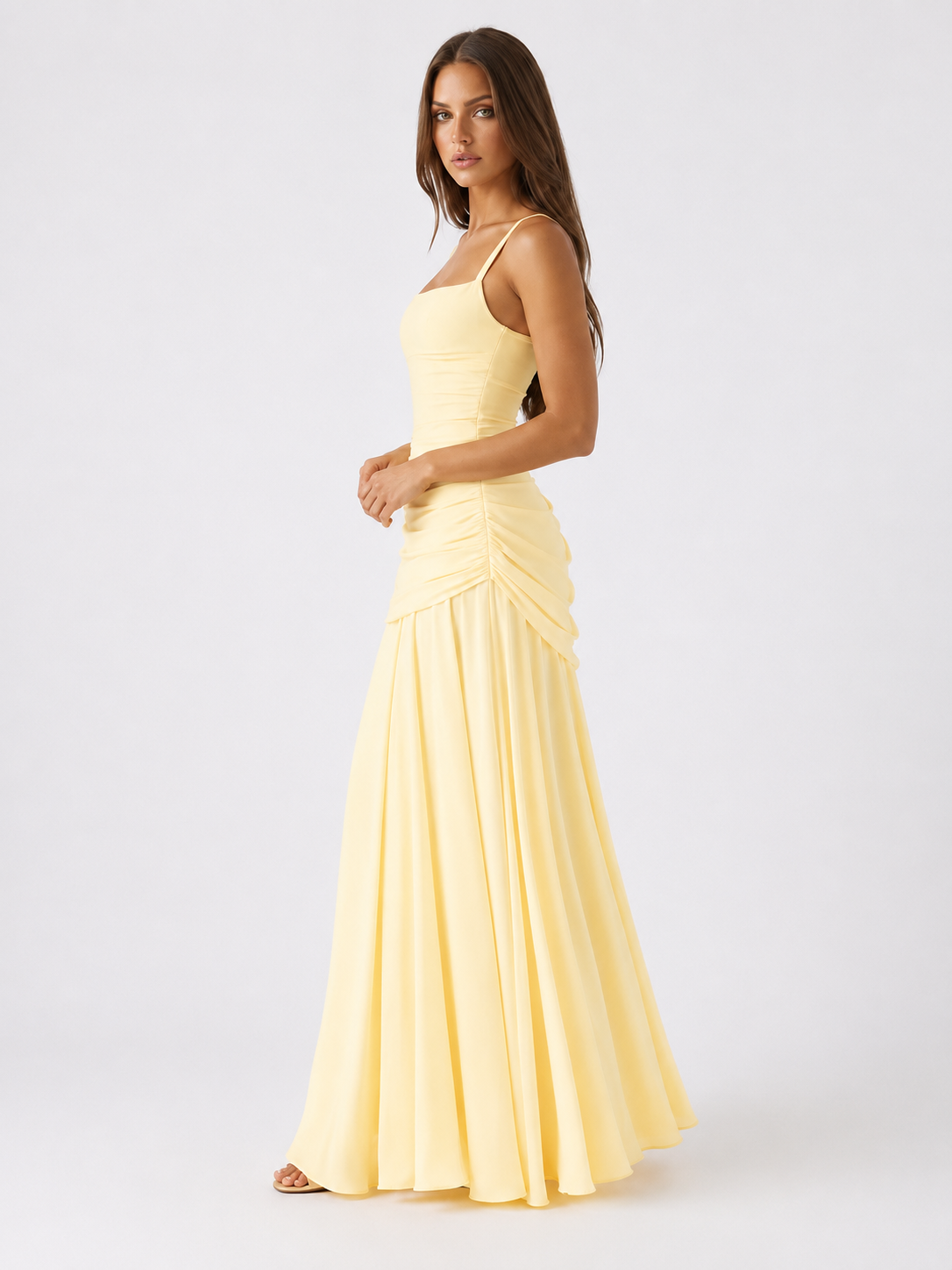 CITRINA™ | Vestido Largo con Escote Cuadrado Fruncido