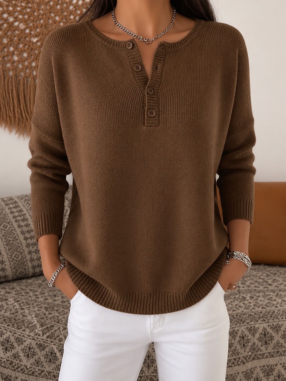 Helena™ | Pull en tricot à boutons style Henley